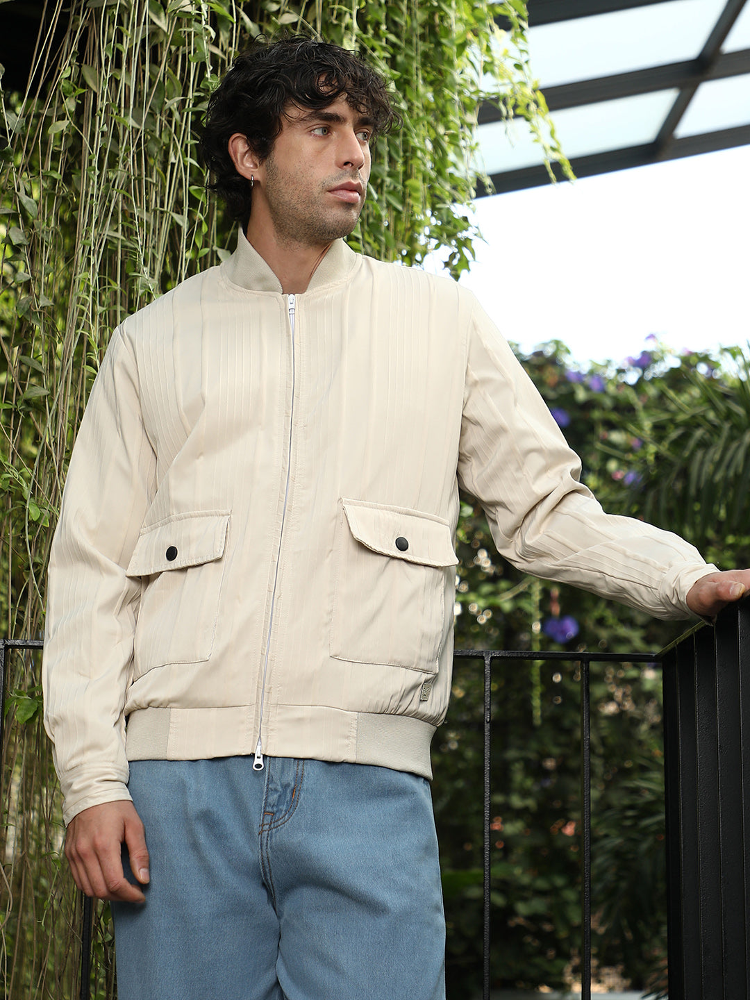 Zip-Front Stripe-Tactile Bomber Jacket